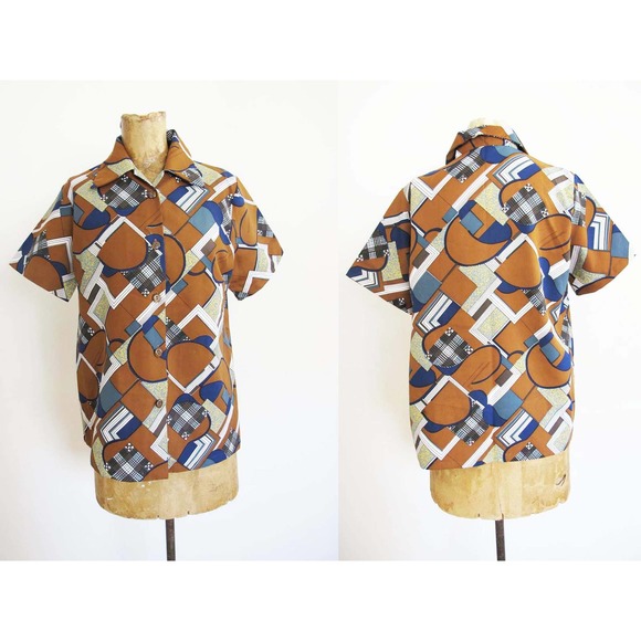 1970s Brown Navy Blue Collared Short Sleeve Button Up - Picture 2 of 4
